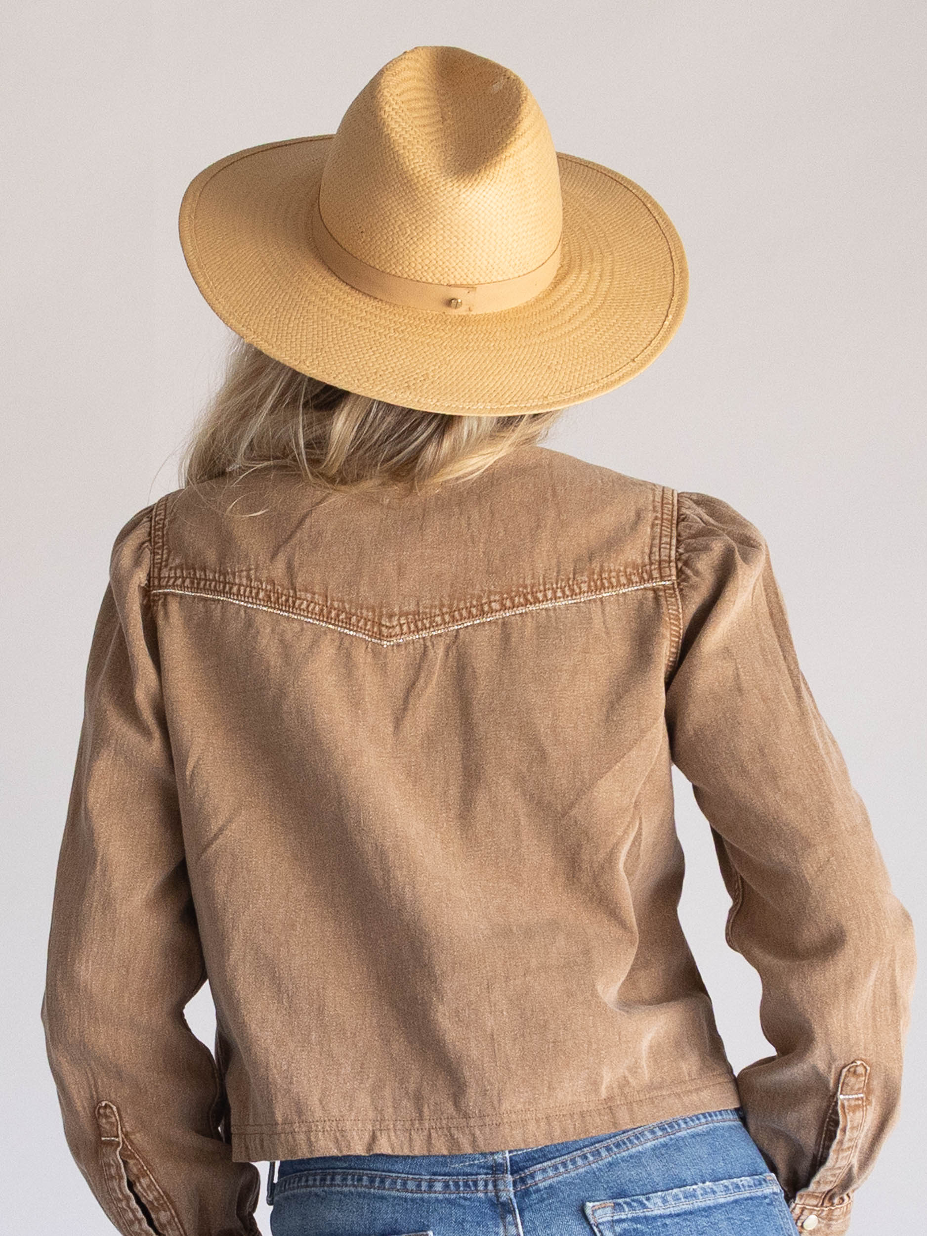 Brown Denim Puff-Sleeve