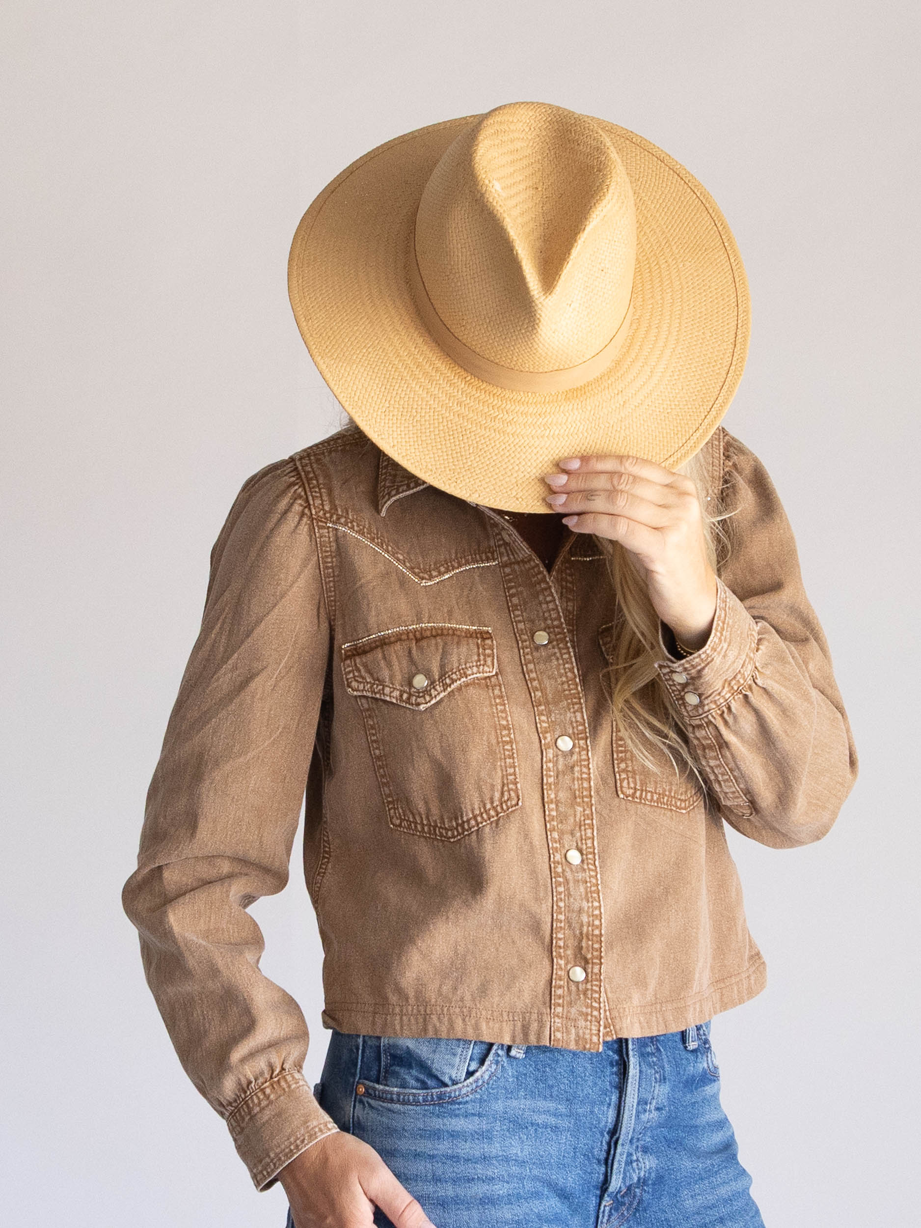 Brown Denim Puff-Sleeve