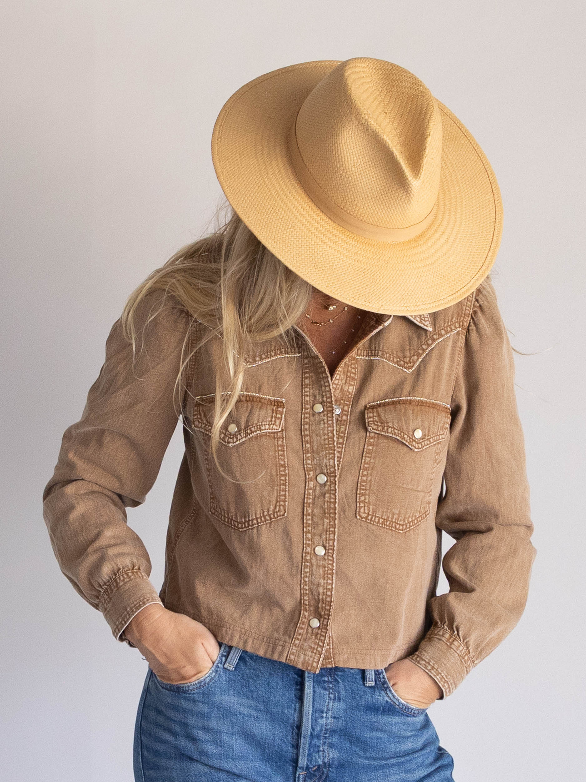Brown Denim Puff-Sleeve
